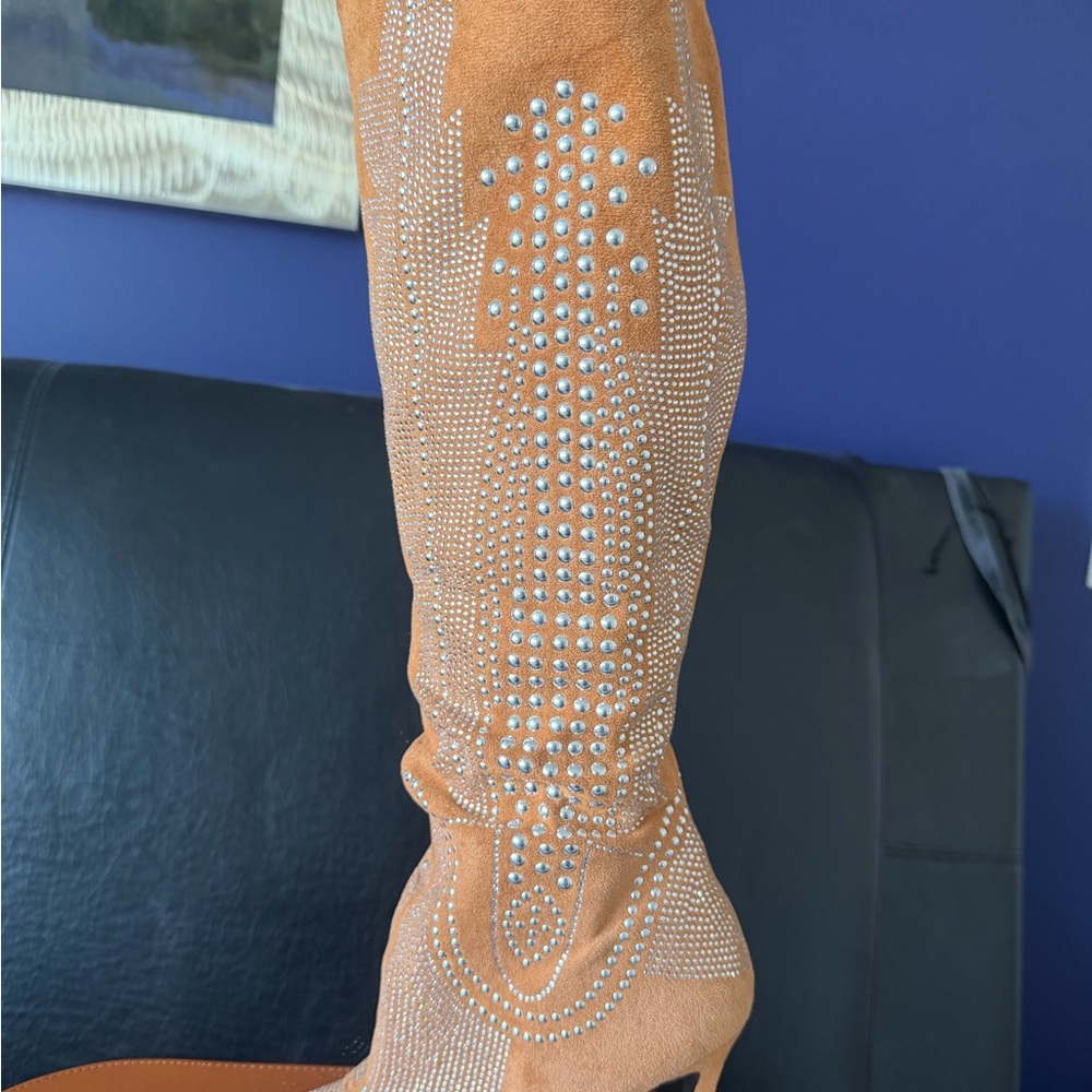 Tan Suede Studded Knee-High Boots